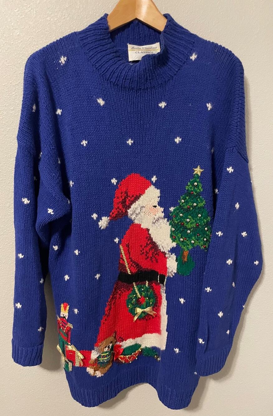 Vintage Marisa Christina Sweater Womens Large Blue Santa Christmas Artsy 1994